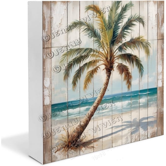 Palm Wooden Box Sign Summer Gifts Funny Beach Welcome Sign Boho Coffee Table Decor Shelf Decorations for Home Office Wood Block Signs For Shelf Desk Decoration 7x7 in