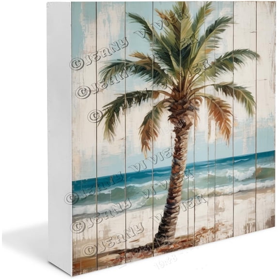 Palm Wooden Box Sign Summer Gifts for Women and Men Funny Beach Shelf Decor Boho Chic Decor Shelf Decor Accents Wood Block Signs For Shelf Desk Decoration 7x7 in