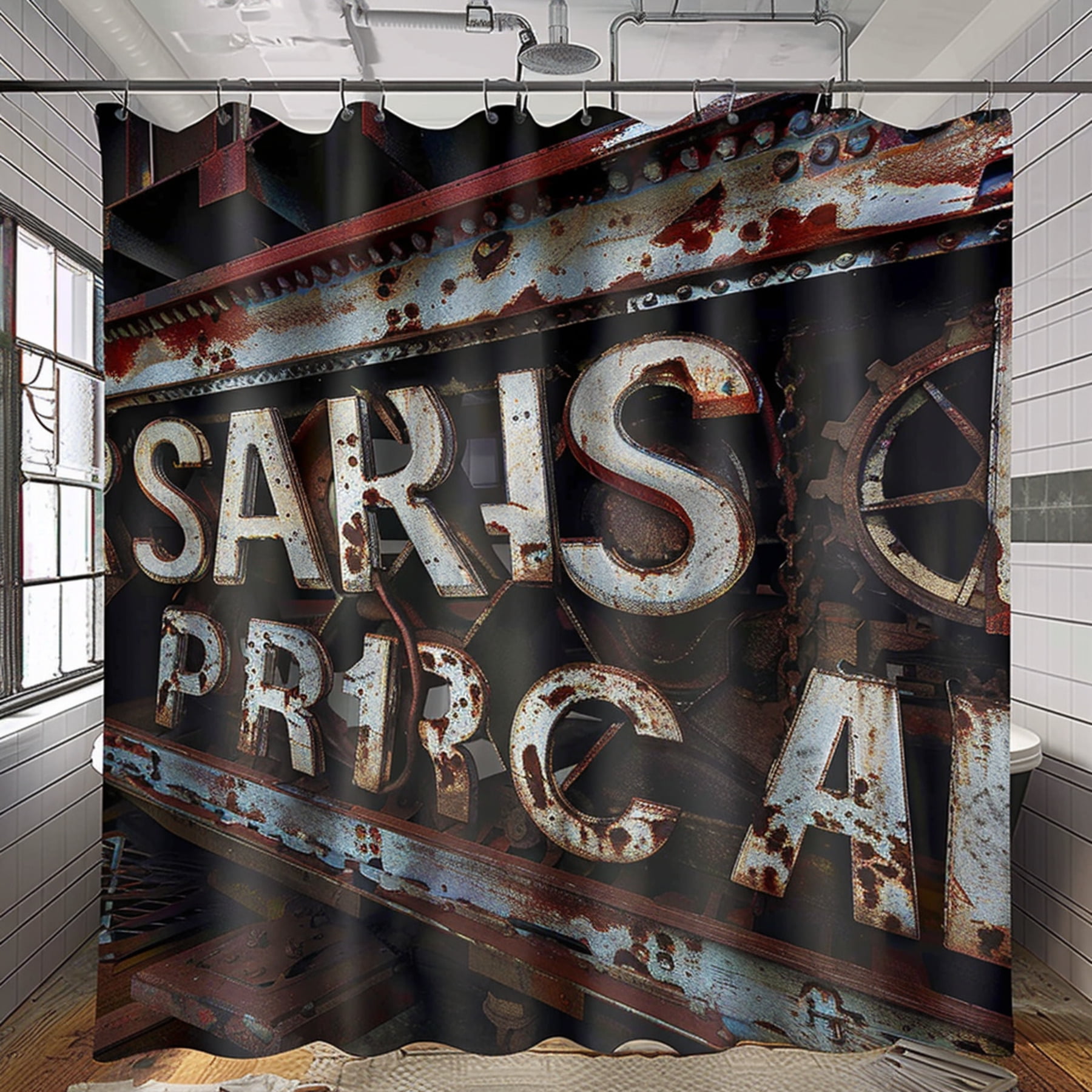 Palm and Gag Vintage Style Shower Curtain with Metal Trash Can Wheels