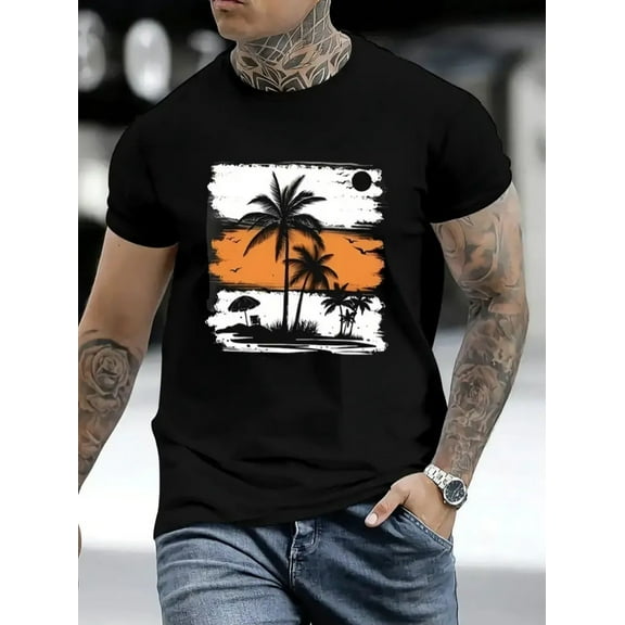 Palm tree Graphic Print T-Shirt For Men Casual Short Sleeve Tee 1 Pcs 100% Heavy Cotton - Comfortable Crew Neck, Soft Adorable Tees Tops