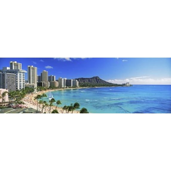 Palm trees on the beach, Diamond Head, Waikiki Beach, Oahu, Honolulu, Hawaii, USA Poster Print (18 x 6)