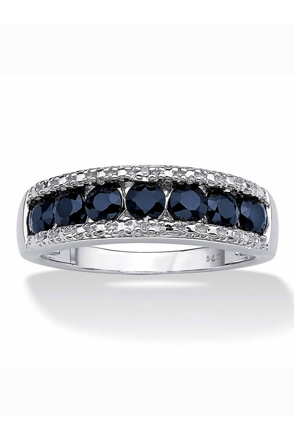 1.06 TCW Genuine Round Blue Sapphire and Diamond Accent Ring in Platinum-plated Sterling Silver