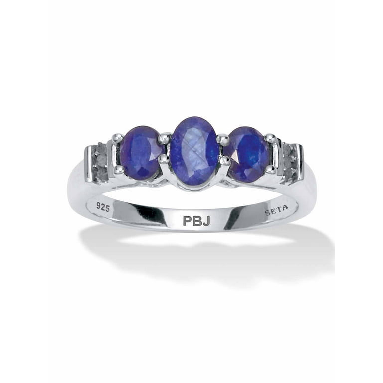 Sterling Silver 3 Stone Oval Genuine Blue Sapphire & Diamond Ring Sterling Silver 3 Stone Oval Genuine Blue Sapphire & Diamond Ring