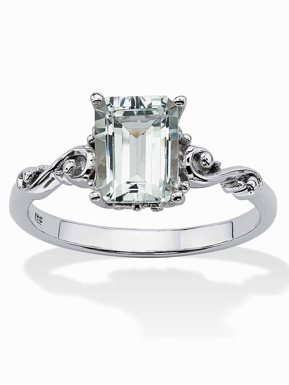 1.40 TCW Emerald-Cut Genuine Aquamarine Platinum over Sterling Silver Scrolling Shank Ring