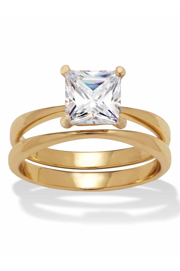 1.62 TCW Princess Cut Cubic Zirconia Stainless Steel or Gold Ion-Plated Stainless Steel Solitaire Bridal Ring Set