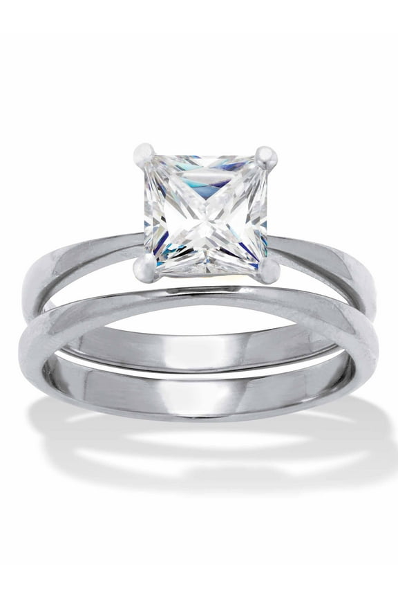 1.62 TCW Princess Cut Cubic Zirconia Stainless Steel or Gold Ion-Plated Stainless Steel Solitaire Bridal Ring Set