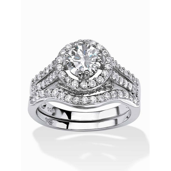 PalmBeach Jewelry 1.67 TCW Round Cubic Zirconia 2-Piece Halo Bridal Set in Yellow Gold-Plated or Platinum-Plated Sterling Silver