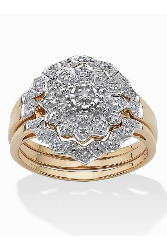 1/7 TCW Round Diamond 3-Piece Cluster Bridal Set in Yellow Gold-Plated or Platinum-Plated Sterling Silver