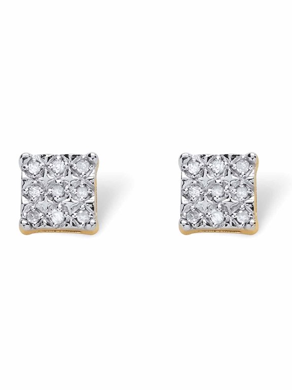 1/7 TCW Round Diamond Gold Square-Shaped Stud Earrings in 10K Yellow Gold or Platinum or Yellow Gold-Plated Sterling Silver.