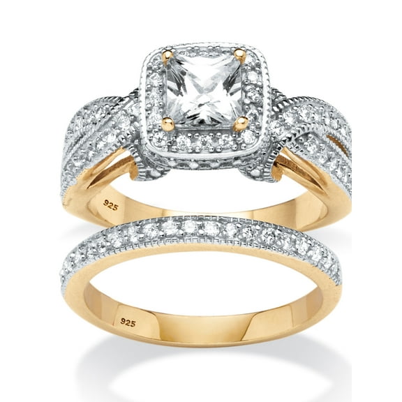 PalmBeach Jewelry 1.78 TCW Princess-Cut Cubic Zirconia Two-Piece Bridal Set in 14k Gold Over .925 Sterling Silver