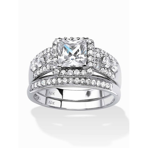 PalmBeach Jewelry 1.84 TCW Princess-Cut and Round Cubic Zirconia 2-Piece Halo Wedding Ring Set in Solid 10k Yellow or White Gold