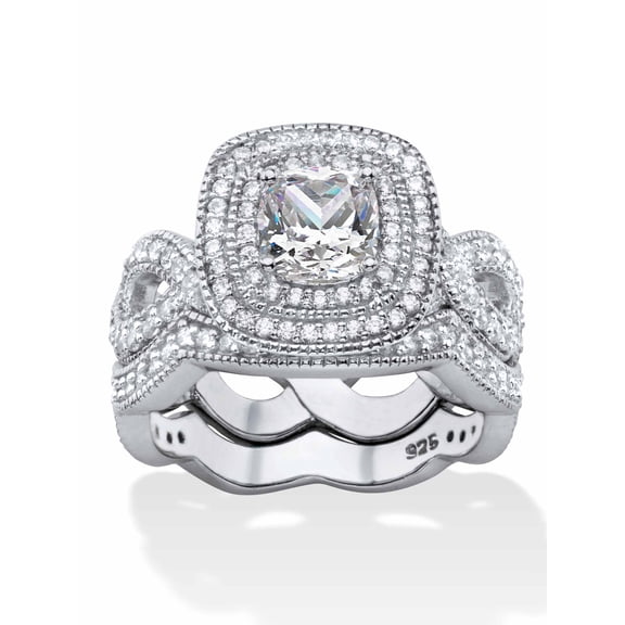 PalmBeach Jewelry 1.92 TCW Cushion Cut Cubic Zirconia 1-Piece Double Halo Crossover Bridal Ring in Yellow Gold-Plated or Platnium-Plated Sterling Silver