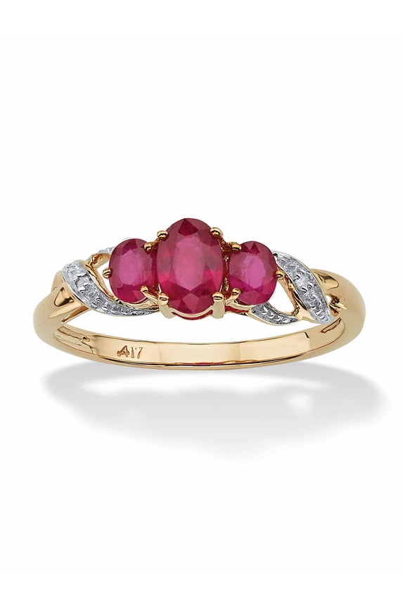 1 TCW Oval-Cut Ruby and Diamond Accent Three Stone Ring in 10k Gold