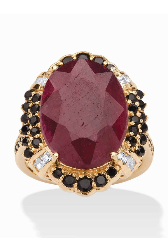10.18 TCW Genuine Oval-Cut Ruby and Black Spinel Cocktail Ring in 14k Gold-plated Sterling Silver