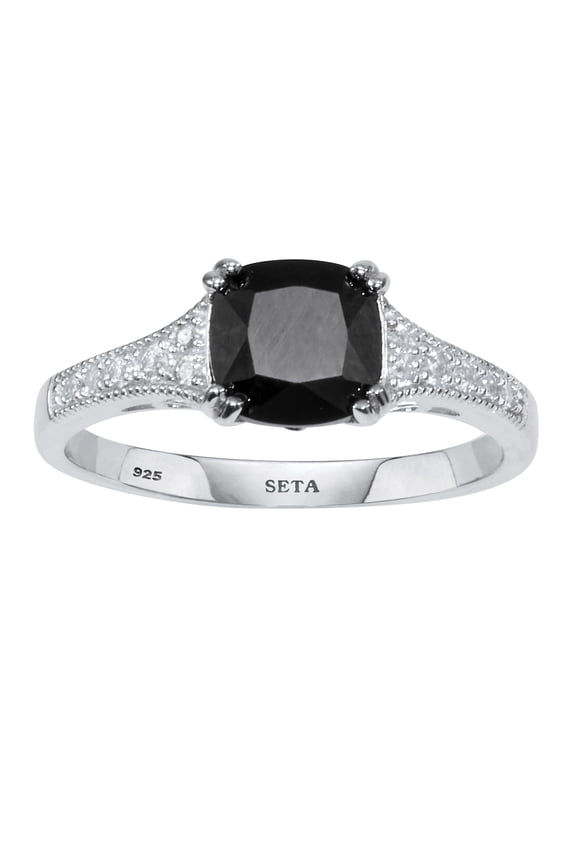 .12 TCW Cushion Black Spinel and Cubic Zirconia Sterling Silver Engagement Ring