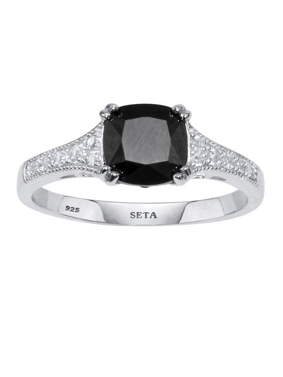 .12 TCW Cushion Black Spinel and Cubic Zirconia Sterling Silver Engagement Ring