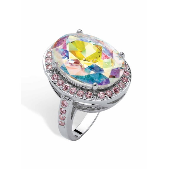 PalmBeach Jewelry 13.57 TCW Oval-Cut Aurora Borealis Cubic Zirconia Pink CZ Accent Silvertone Ring