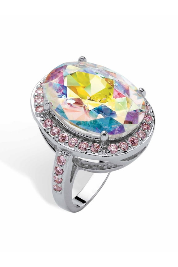 13.57 TCW Oval-Cut Aurora Borealis Cubic Zirconia Pink CZ Accent Silvertone Ring