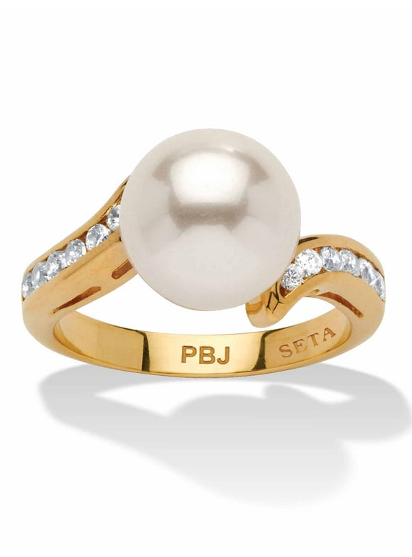 PalmBeach Jewelry .16 TCW Round Simulated Pearl and Cubic Zirconia Accent Yellow Gold-Plated Ring (9.5mm)