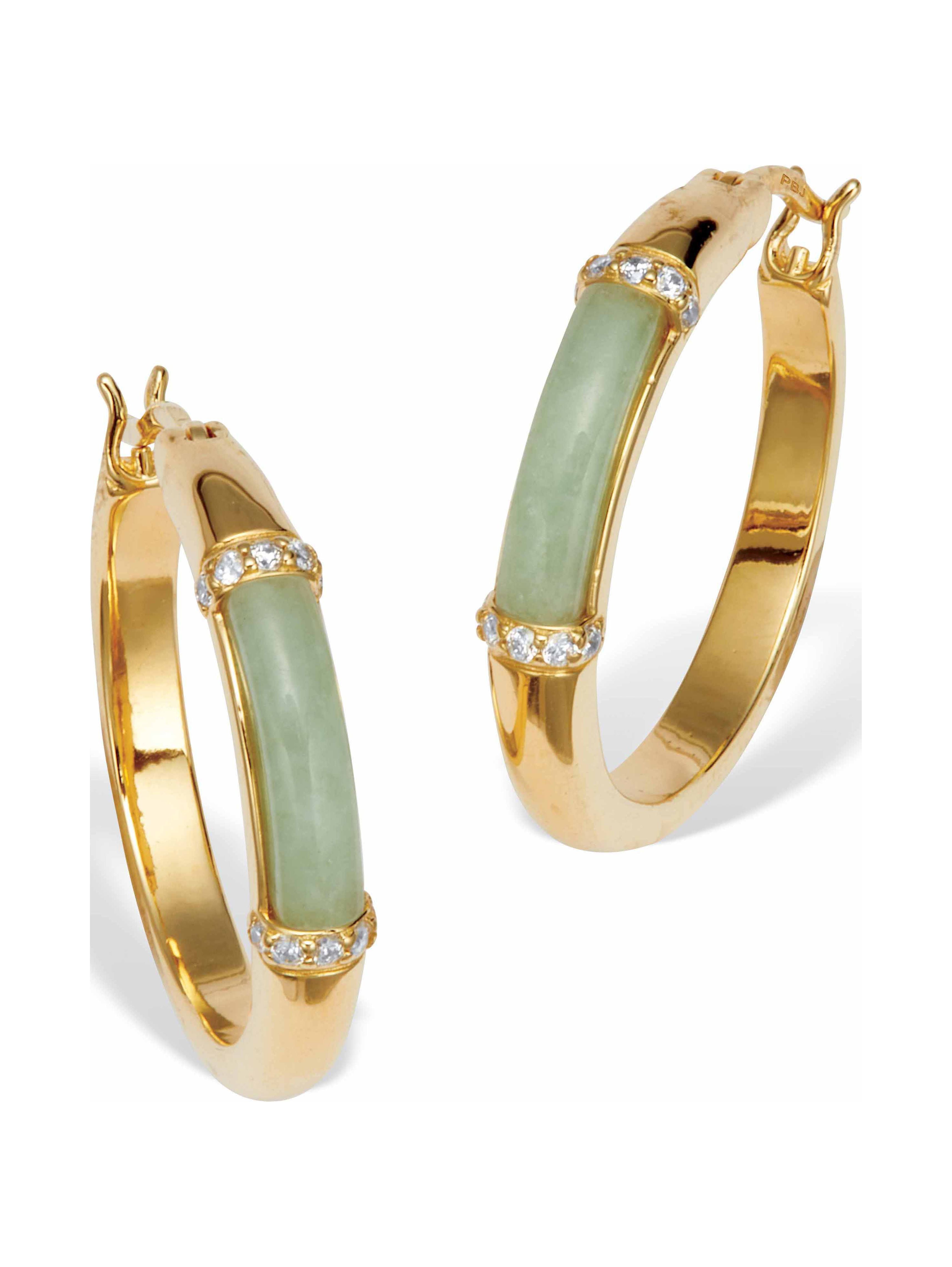 PALMBEACH JEWELRY .18 TCW Round Cubic Zirconia Cabochon Cut Genuine Green Jade 18k Yellow Gold-plated Hoop Earrings (24.5mm)