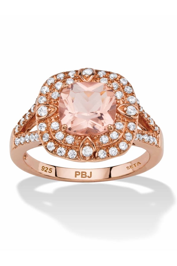 2.03 TCW Cushion Cut Simulated Pink Morganite and Cubic Zirconia Rose Gold-Plated Sterling Silver Double Halo Cocktail Ring