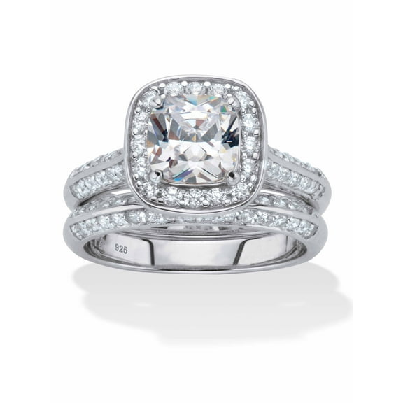 PalmBeach Jewelry 2.08 TCW Cushion-Cut Cubic Zirconia Platinum-plated Sterling Silver 2-Piece Halo Bridal Ring Set