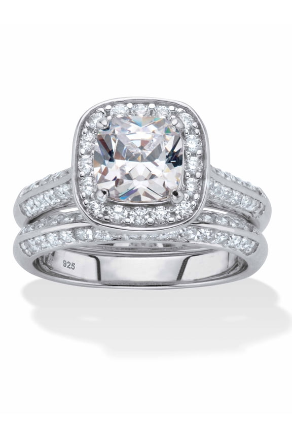 2.08 TCW Cushion-Cut Cubic Zirconia Platinum-plated Sterling Silver 2-Piece Halo Bridal Ring Set