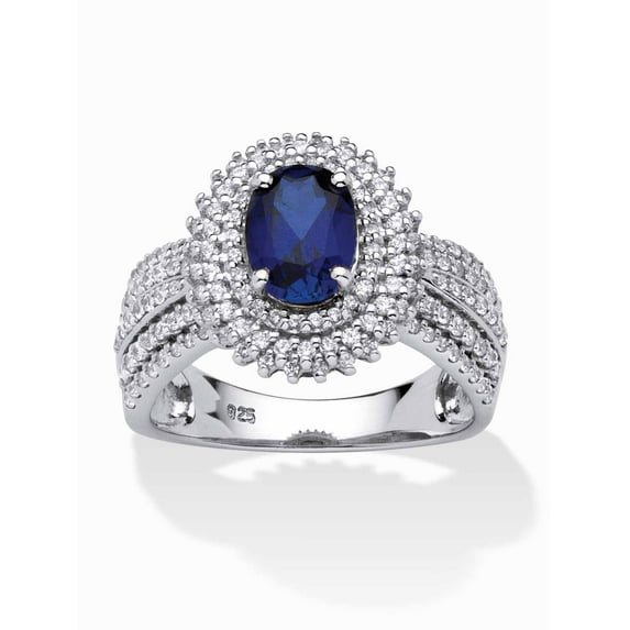 PalmBeach Jewelry 2.18 TCW Oval-Cut Created Blue Sapphire Halo Ring in Platinum-plated Sterling Silver