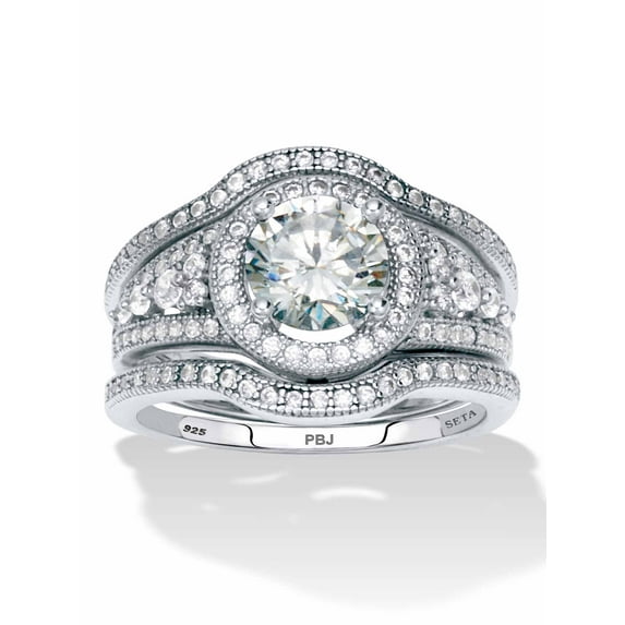 PalmBeach Jewelry 2.18 TCW Round Cut Cubic Zirconia Platinum-Plated Sterling Silver Bridal Set