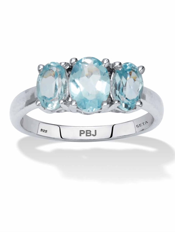 2.24 TCW Oval Cut Genuine Blue Topaz Sterling Silver 3-Stone Ring