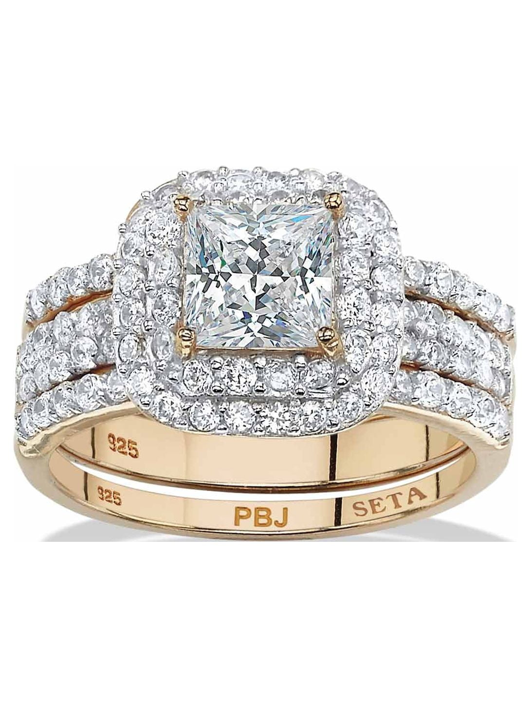 PalmBeach Jewelry 2.37 TCW Cut Cubic Zirconia Gold-Plated or Platnium-Plated or Sterling Silver 3-Piece Double Halo Bridal Ring Set