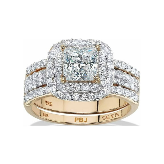 PalmBeach Jewelry 2.37 TCW Cut Cubic Zirconia Gold-Plated or Platnium-Plated or Sterling Silver 3-Piece Double Halo Bridal Ring Set