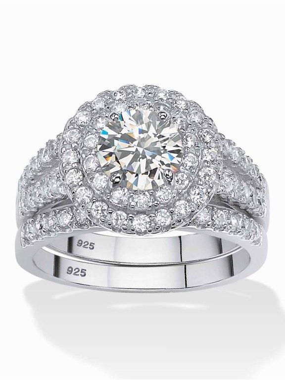 2.54 TCW Round Cubic Zirconia Two-Piece Halo Bridal Set in Platinum-plated Sterling Silver