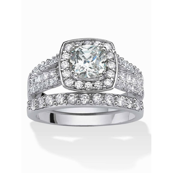 PalmBeach Jewelry 2.62 TCW Cushion-Cut Zirconia 2-Piece Halo Bridal Ring Set in Platinum-plated Sterling Silver