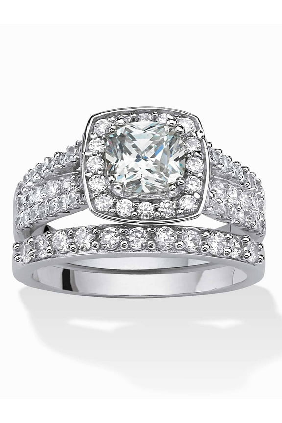 2.62 TCW Cushion-Cut Zirconia 2-Piece Halo Bridal Ring Set in Platinum-plated Sterling Silver