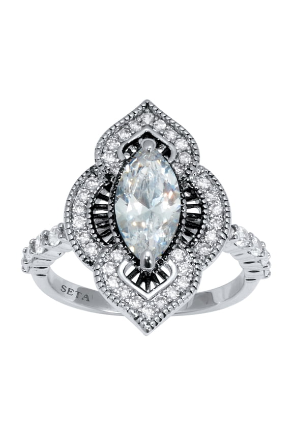 2.67 TCW Marquise Cut Cubic Zirconia Platinum-Plated Antiqued Ring
