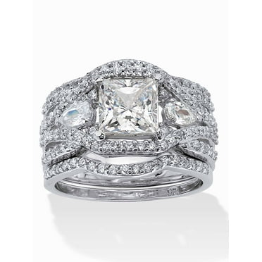 PalmBeach Jewelry 2.82 TCW Princess-Cut Cubic Zirconia Platinum-plated Sterling Silver 3-Piece Crossover Bridal Ring Set