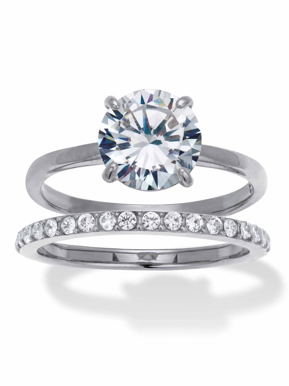 2.85 TCW Round Cubic Zirconia Stainless Steel Pave Bridal Ring Set