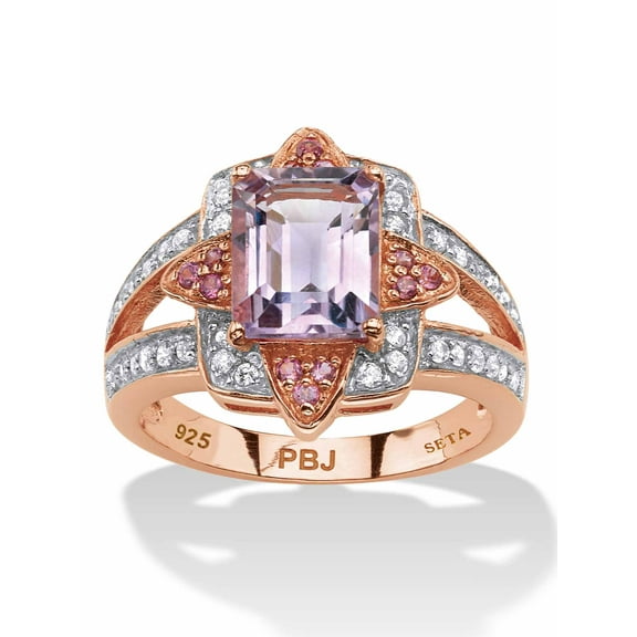 PalmBeach Jewelry 2.93 TCW Genuine Emerald Cut Amethyst and Pink Rhodolite 18k Rose Gold-Plated Sterling Silver Ring