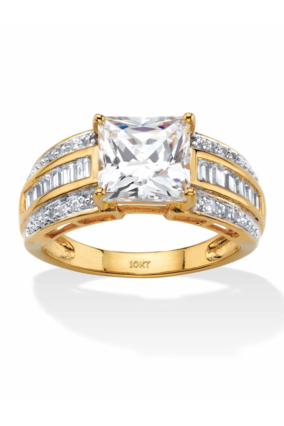 2.94 TCW Square-Cut and Step-Top Baguette Cubic Zirconia Engagement Ring in 10k Yellow or White Gold