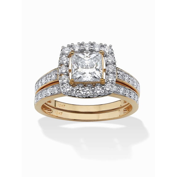 PalmBeach Jewelry 2 Piece 1.93 TCW Princess-Cut Cubic Zirconia Square Halo Bridal Ring Set in Solid 10k Yellow or White Gold