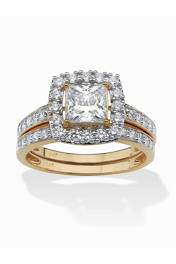 2 Piece 1.93 TCW Princess-Cut Cubic Zirconia Square Halo Bridal Ring Set in Solid 10k Yellow or White Gold