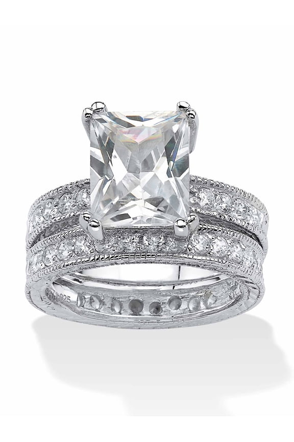 2 Piece 5.98 TCW Emerald-Cut Cubic Zirconia Bridal Ring Set in Sterling Silver