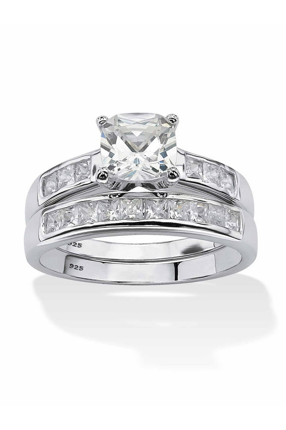 2 Piece Cushion Cut Cubic Zirconia Bridal Set 1.94 TCW in 18K Gold or Platinum Plated Sterling Silver