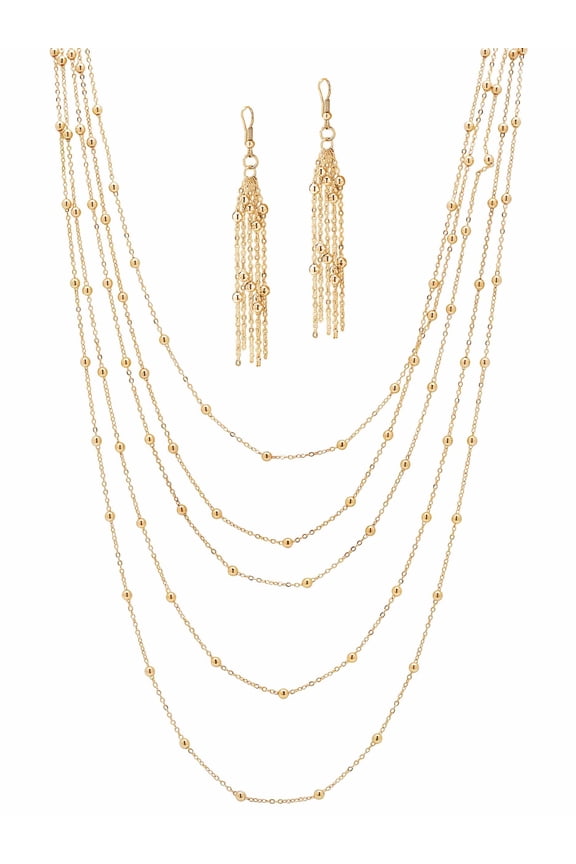 2 Piece Multi-Chain Beaded Station Necklace and Drop Earrings Set in Yellow Goldtone or Silvertone 34"-38"