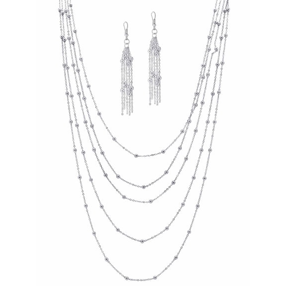 PalmBeach Jewelry 2 Piece Multi-Chain Beaded Station Necklace and Drop Earrings Set in Yellow Goldtone or Silvertone 34"-38"
