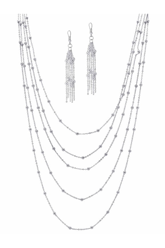 2 Piece Multi-Chain Beaded Station Necklace and Drop Earrings Set in Yellow Goldtone or Silvertone 34"-38"
