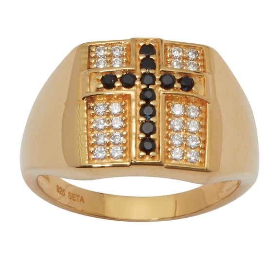 PalmBeach Jewelry .22 TCW Men's Round Black Spinel and CZ Gold-Plated Sterling Silver Cross Ring