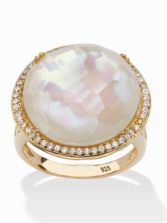 .27 TCW Genuine Mother-Of-Pearl or Checkerboard-Cut Green Glass and Pave CZ Accent Gold-Plated Sterling Silver Halo Cocktail Ring