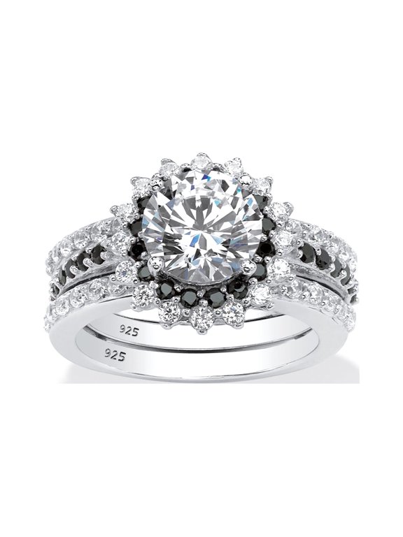 3.12 TCW Cubic Zirconia Vintage-Style Halo Jacket Bridal Ring Set in Platinum-plated Sterling Silver